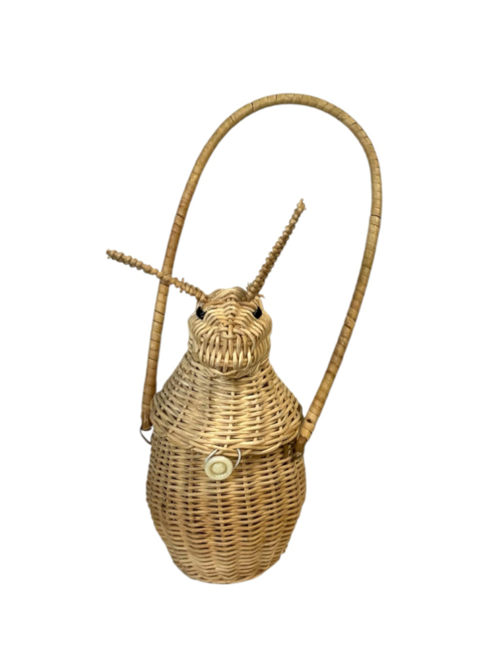 Vintage Handwoven Wicker Rabbit Bunny Basket Hinged 2-Compartment Long Handle